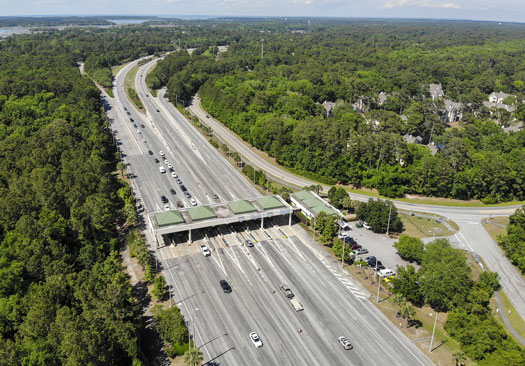 High aerial view of toll plaza on US 278 showing both lanes